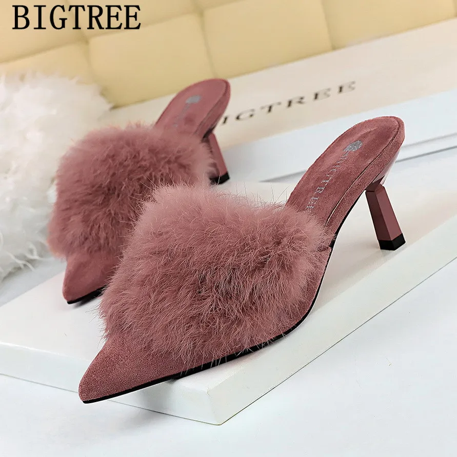 Пикантная обувь Меховые шлепанцы Туфли под платье женские туфли без пяток на