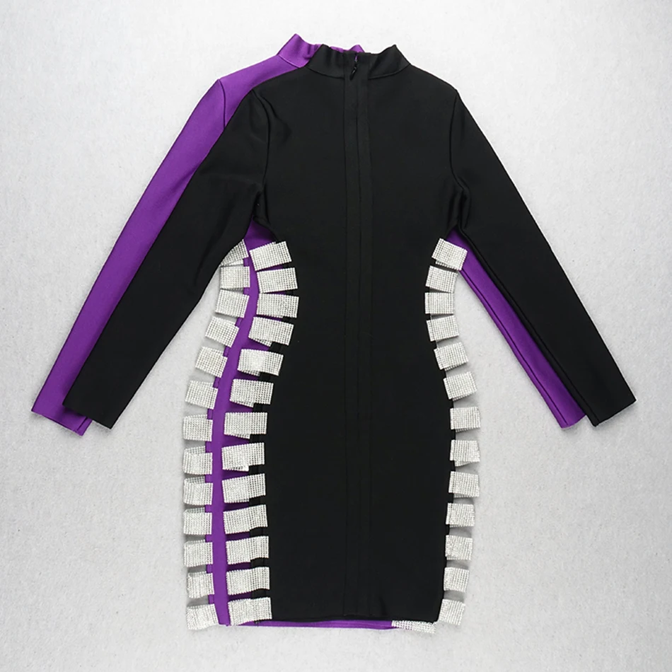 

Black Purple Long Sleeve Sexy Bodycon Rayon Bandage Dress Side Hollow Crystal Dress Sexy Party Dress Female 2019 New