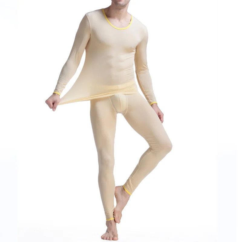

Male Ice Silk Undershirt Sets Ultra-thin Transparent Causal Tracksuit Long Sleeve Tops Trousers Men Pajamas Suits Gay Underwear