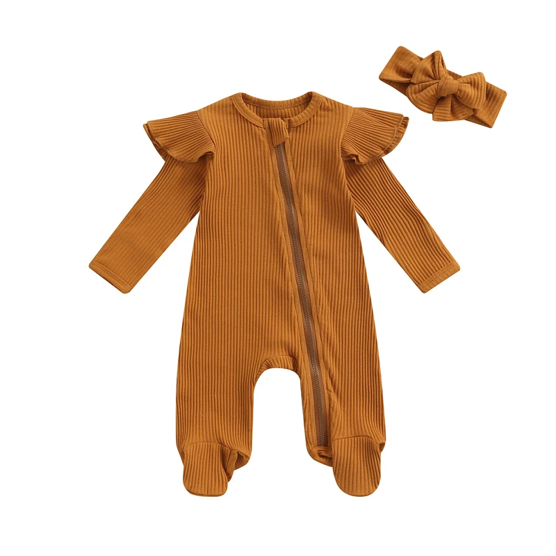 

2Pcs Unisex Baby Fall Set, Solid Color Ribbed Long Sleeves Zip-Up Footed Romper + Hairband for Girls, Boys, 0-6 Months