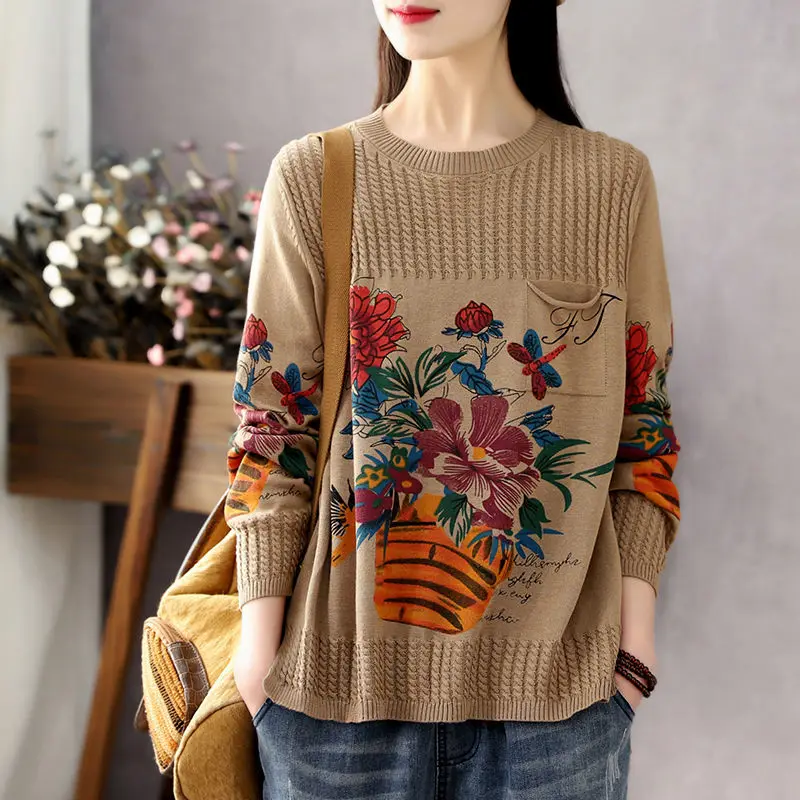 

2021 spring new literature and art RETRO large women's round neck sweater long sleeve loose printed cotton sweater women's sweat