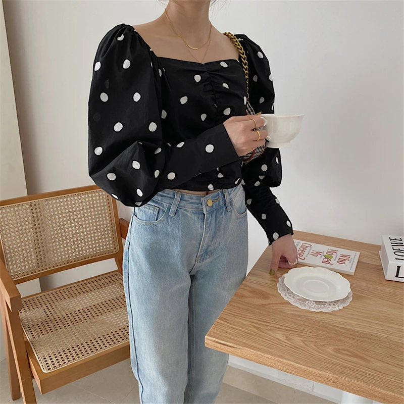 

Women's Polak Dot Cropped Blouses Spring Fall New Sweet Square Collar Puff Sleeve Short Ladies Shirts Elegance OL Shirt Tops