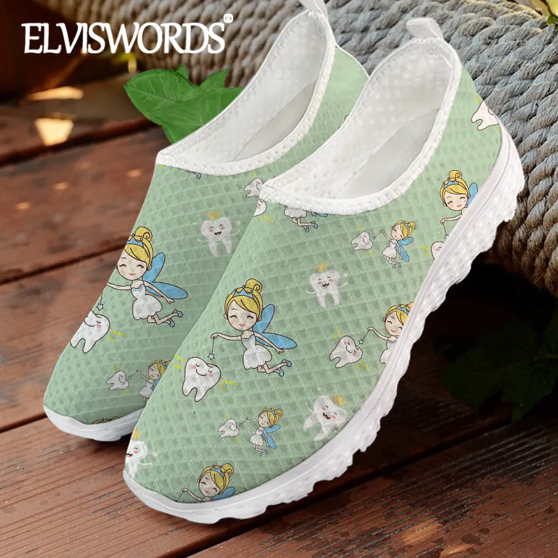 

ELVISWORDS Women's Casual Slip On Cute Dental Fairy Nurse Print Flat Shoes Comfortable Lightweight Sneaker Air Mesh Breathable