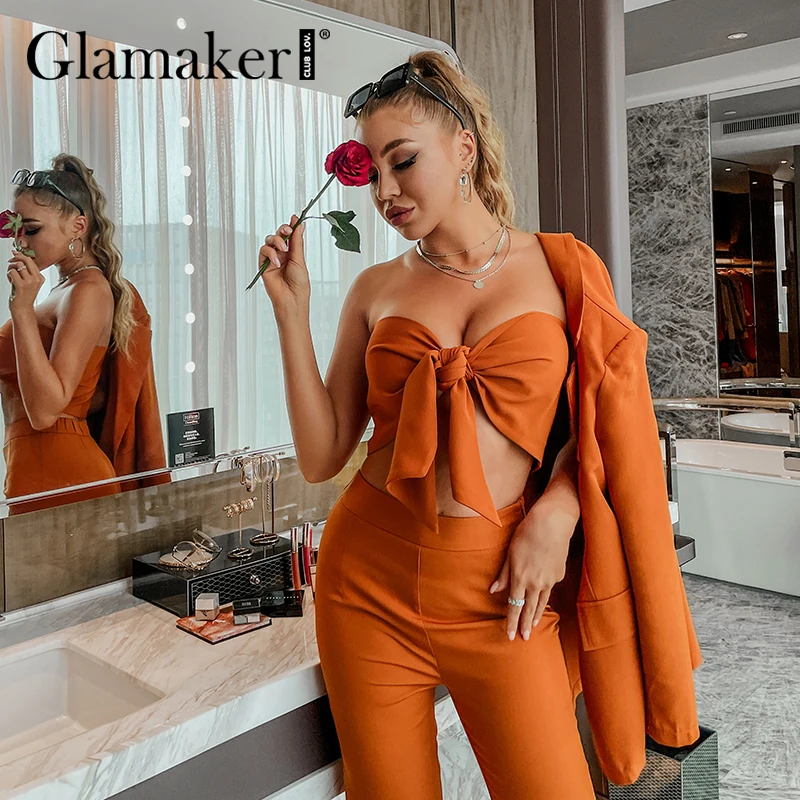 Женский офисный костюм Glamaker комплект из трех предметов укороченный топ с