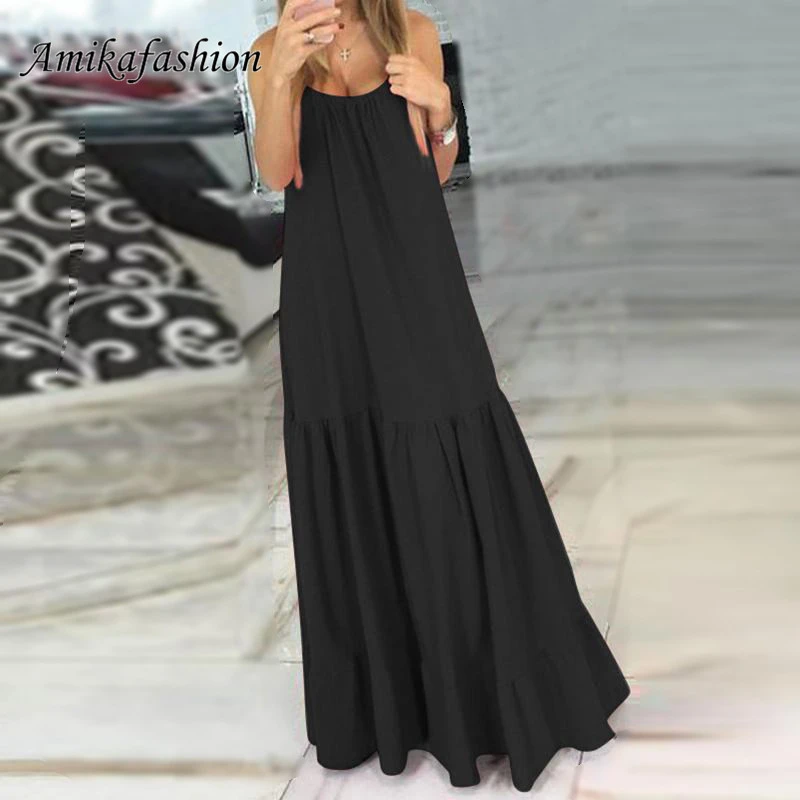Bohemian Dress Women 2019 Summer Sexy Sleeveless Spaghetti Strap Ruffle Swings Maxi Long Dresses Holiday Vestido Plus Size YXBD8 | Женская