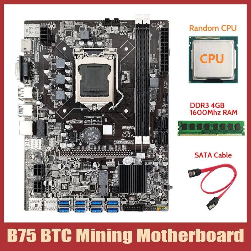 Материнская плата B75 ETH для майнинга + процессор DDR3 4 Гб 1600 МГц ОЗУ SATA кабель LGA1155