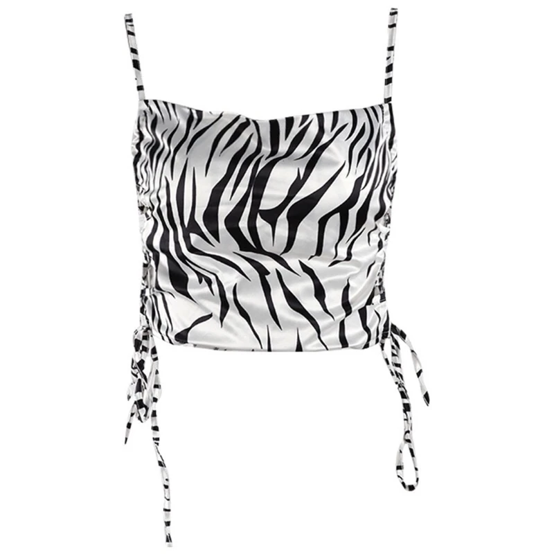 

Women Spaghetti Strap Crop Top Sexy Hollow Out Zebra Striped Print Camisole Side Criss Cross Lace-Up Cowl Neck Vest