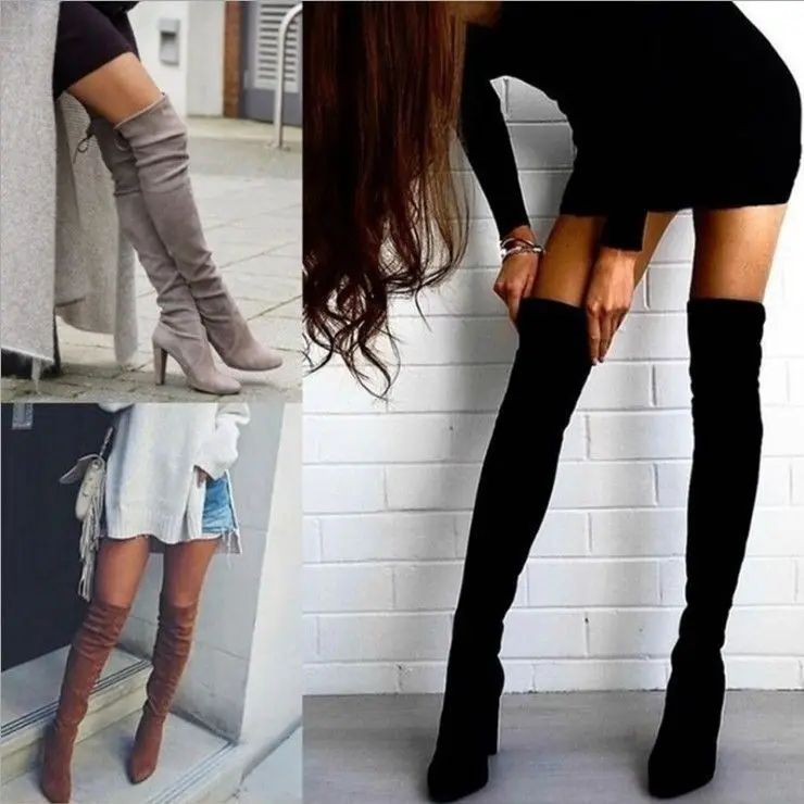 

Black Sexy Over The Knee Boots Women High Heels Shoes Ladies Thigh High Boots Spring Flock Long Boots Female Shoe Plus Size 43