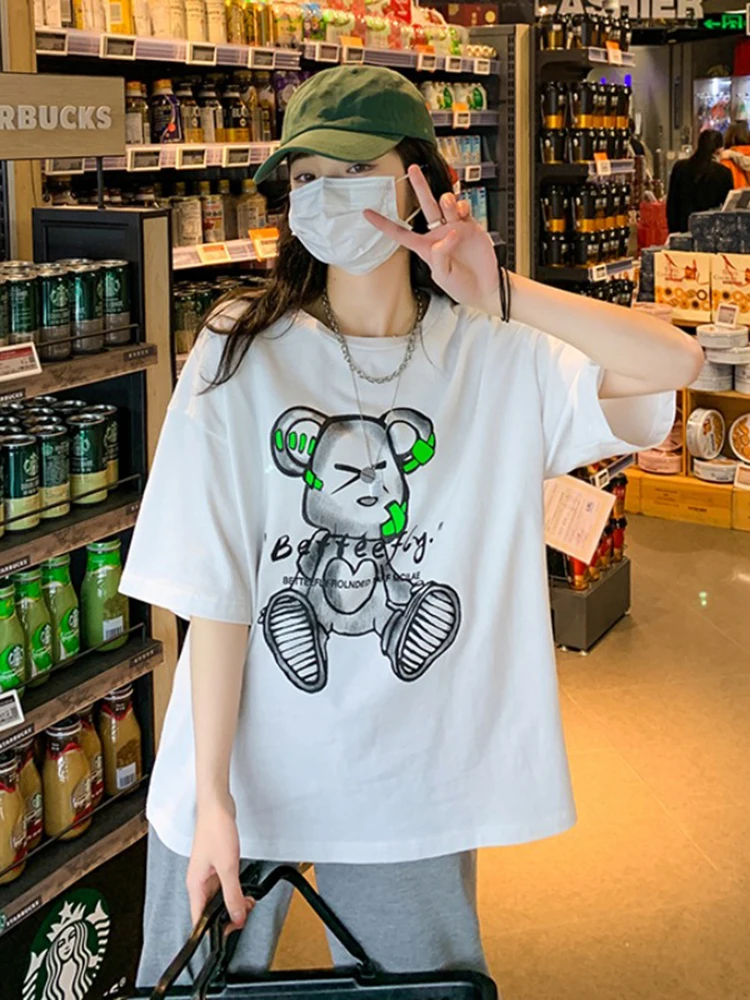 

INS Style Korean Style Loose Top for Women 2021 Korean Style New Popular Bear Printed round Neck Younger Short Sleeve T-shirt