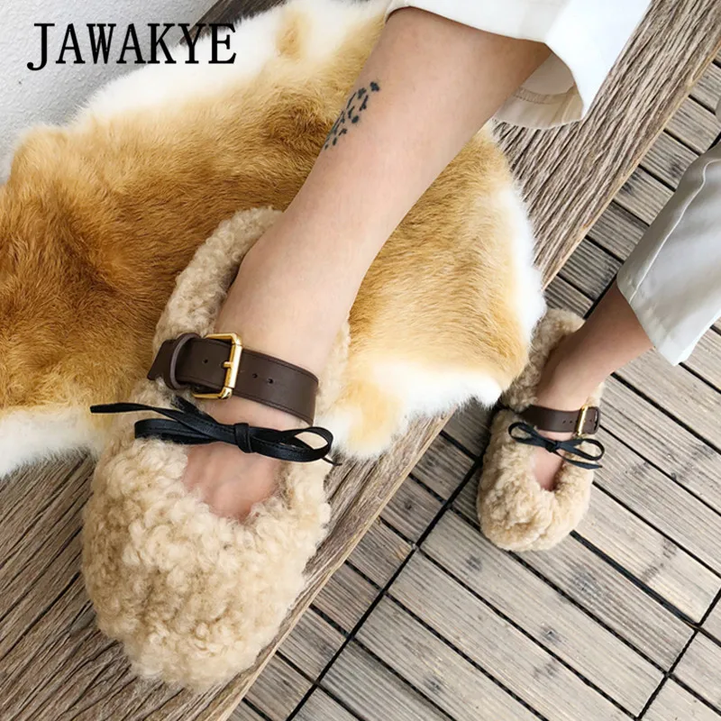 JAWAKYE новая зимняя одежда из шерсти на плоской подошве с мехом; туфли с ремешком на лодыжке, женские Балетки с круглым носком; туфли на плоской подошве, платформа, вьющиеся мех ягненка; лоферы; обувь; zapatos mujer