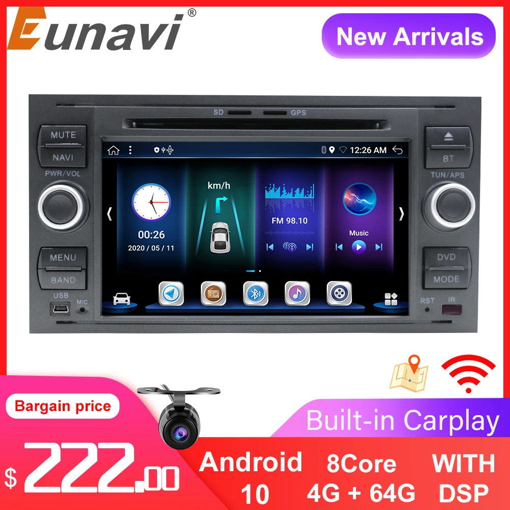 Eunavi 2Din Car Multimedia Player Radio GPS Auto DVD For Ford Mondeo S-max Focus C-MAX Galaxy Fiesta transit Fusion Connect kuga