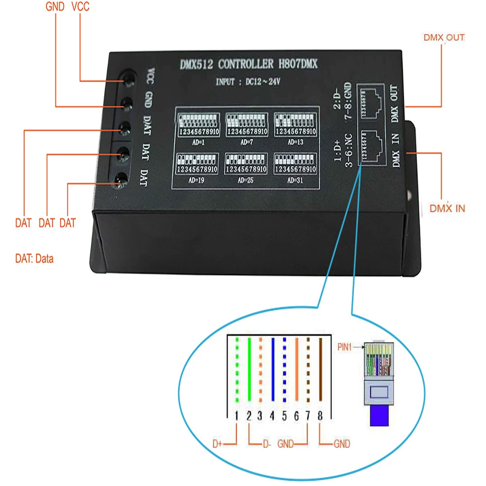 DMX Decorder DMX512 консоль Макс 1024 пикселей светодиодный контроллер для WS2812 WS2813 UCS1903 SK6812