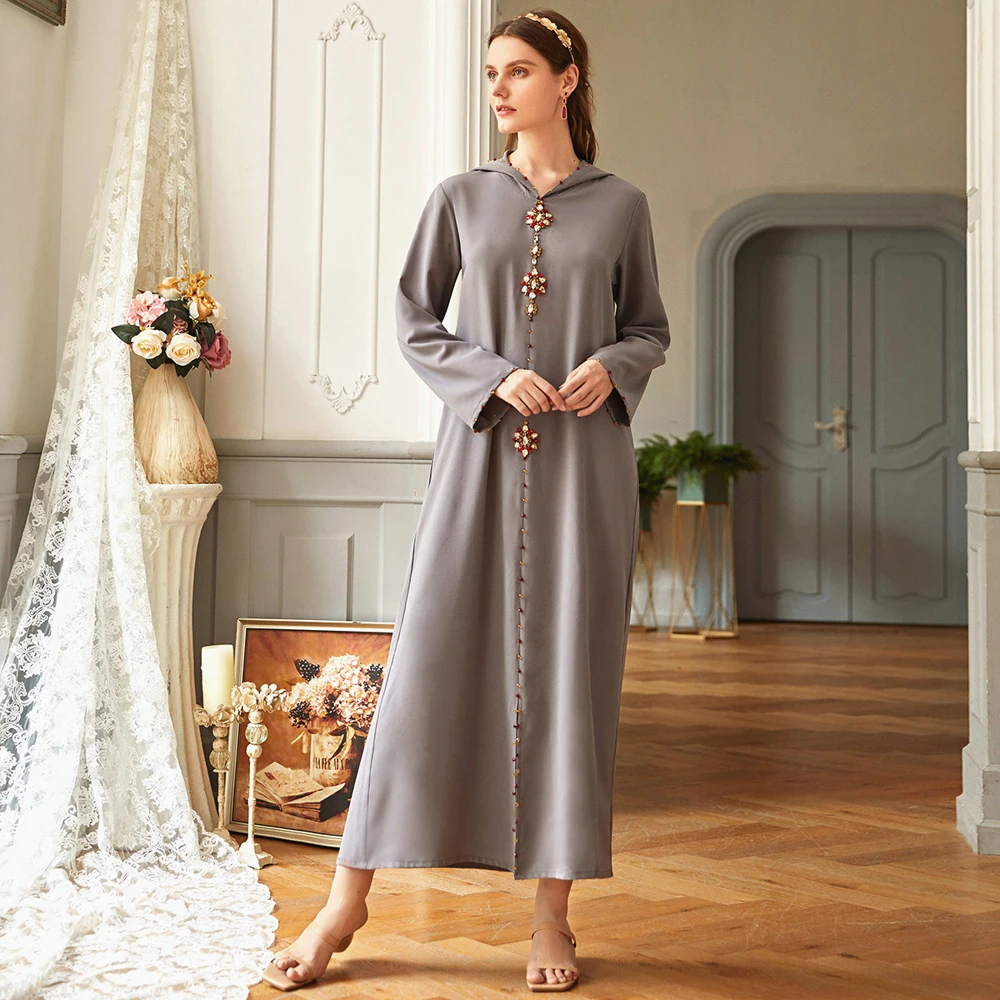 

BT001 Grey Saudi Muslim Abaya Dress Dubai Hat Luxury Fashion Long Robe Algerian Oriental Turkey Wears Latest Gown For Ladies