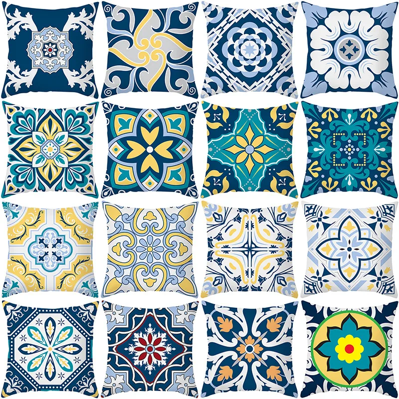 

Чехол для подушки в виде радуги, голубой цветок, наволочка для подушки, Красочный геометрический чехол из полиэстера с мандалой, декоративн...