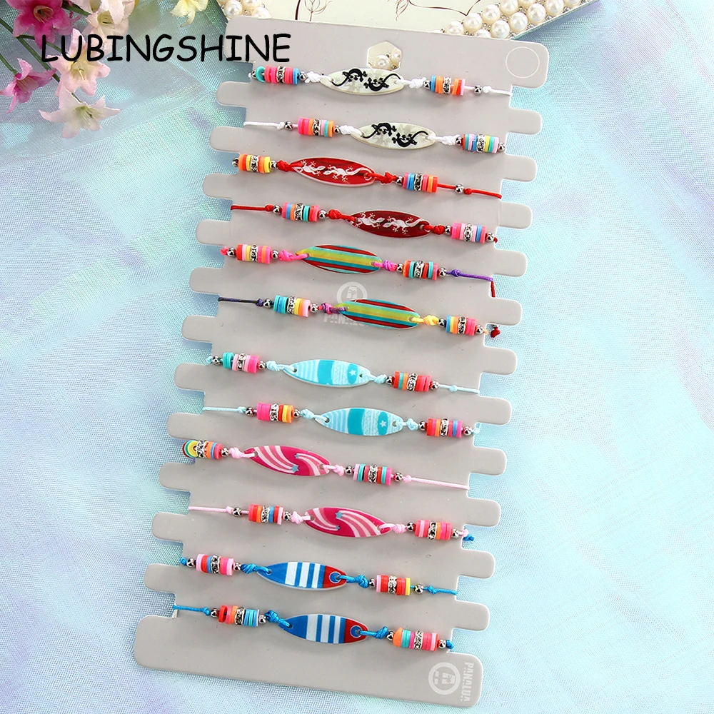 

12pcs/lot Women Soft Pottery Fish Animal Charms Yoga Bracelet Set Child Braided Adjustable Knot Rope Chain Wristband Jewelry