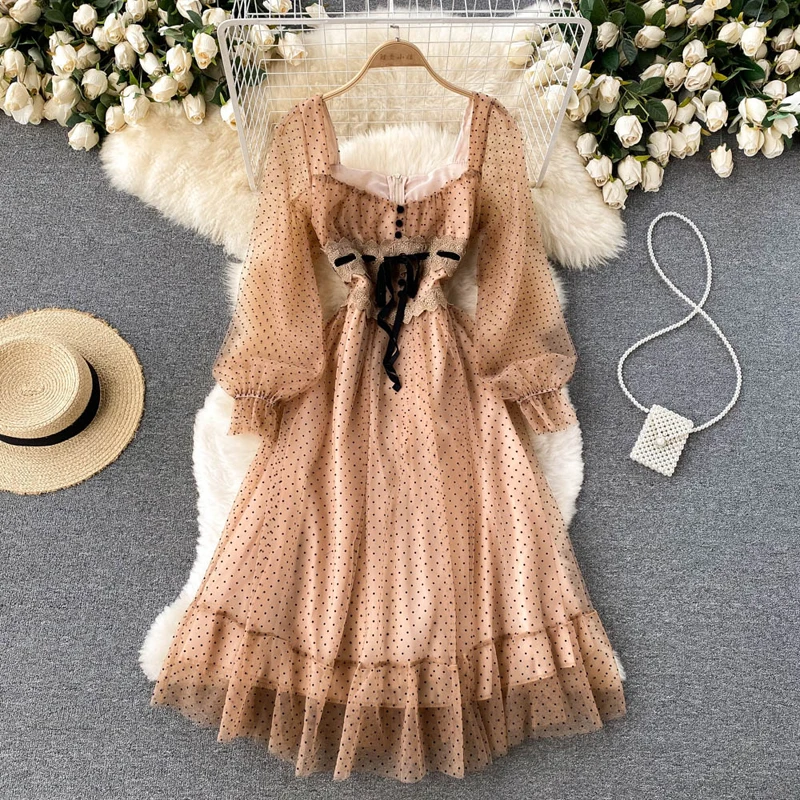 

Sexy Hollow Out Dot Mesh Lace Long Dress Women Elegant Ruffle Lantern Sleeve Patchwork Maxi Party Vestido 2022 Spring Summer New