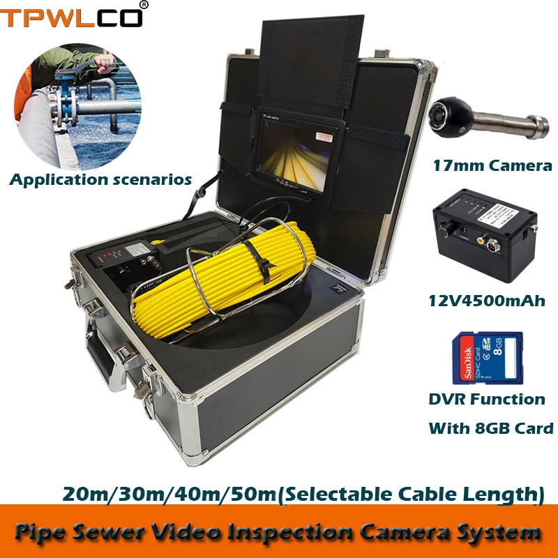 Камера эндоскопа CCTV диаметром 6,5 мм / 17 мм / 23 мм с кабелем длиной 20 м и дисплеем 7 дюймов, система инспекции промышленных трубопроводов с записывающим устройством DVR и картой 8 ГБ.