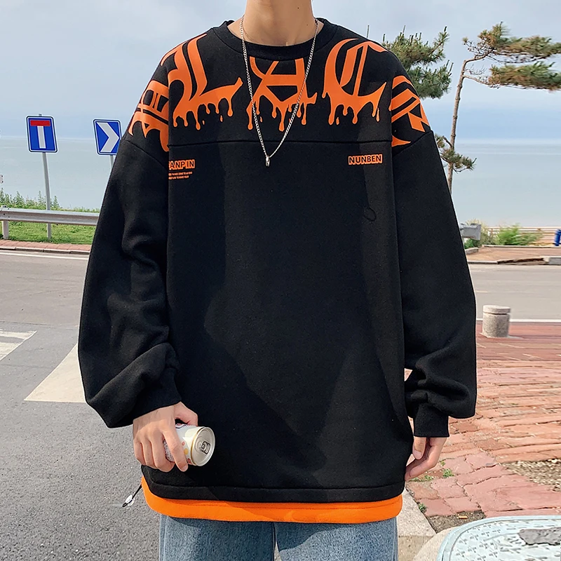 

Толстовка в стиле Харадзюку, свитер, уличная одежда большого размера для мальчиков и девочек, имитация двух частей, Модный Рисунок, черный, б...