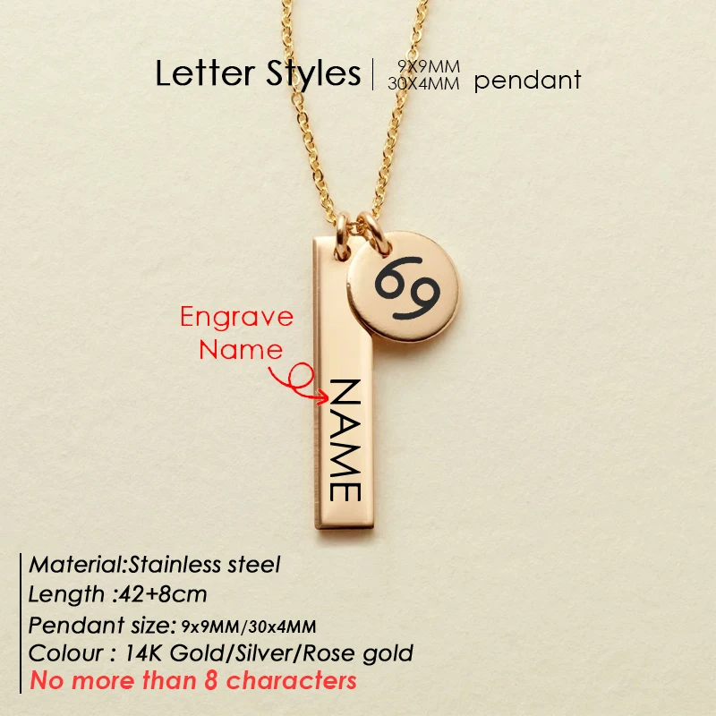 

necklace Engraving Personalized Square Bar Custom Name Necklace Stainless Steel Constellation Leo Pendant Necklace Women Gifts