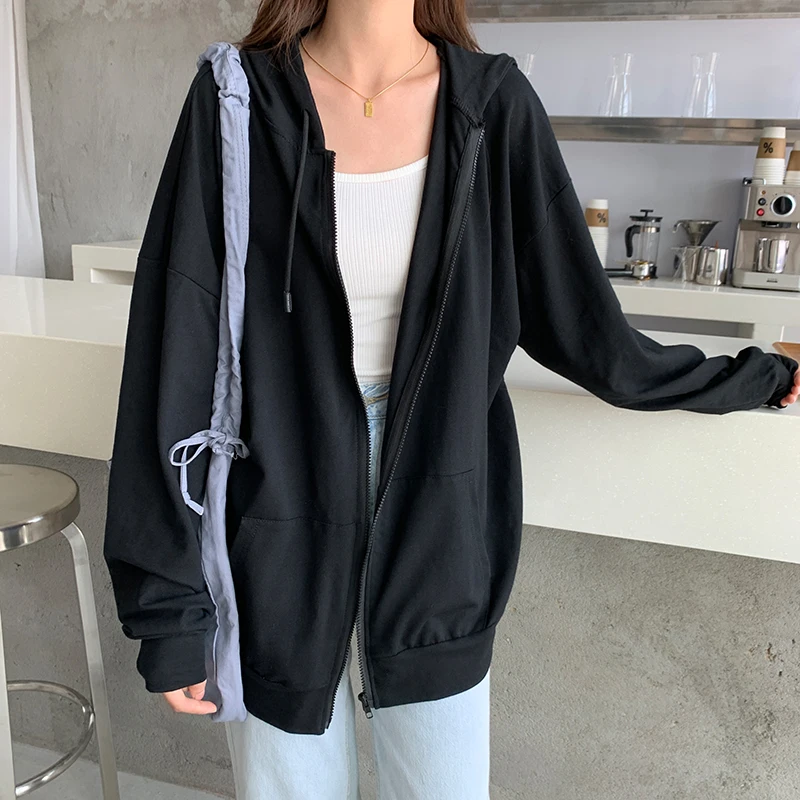 CDJLFH Black Zipper Sweatshirt Winter Jacket Clothes Long Sleeve Pullover Hoodies Women Harajuku Vintage Warm Pockets Sweatshirt