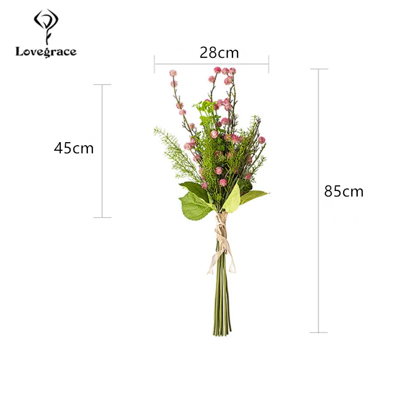 Lovegrace Bridal Wedding Long Bouquet Artificial Silk Pompon Flowers Fake Pine Needles Leaves Pink Photography Supplies | Свадьбы и
