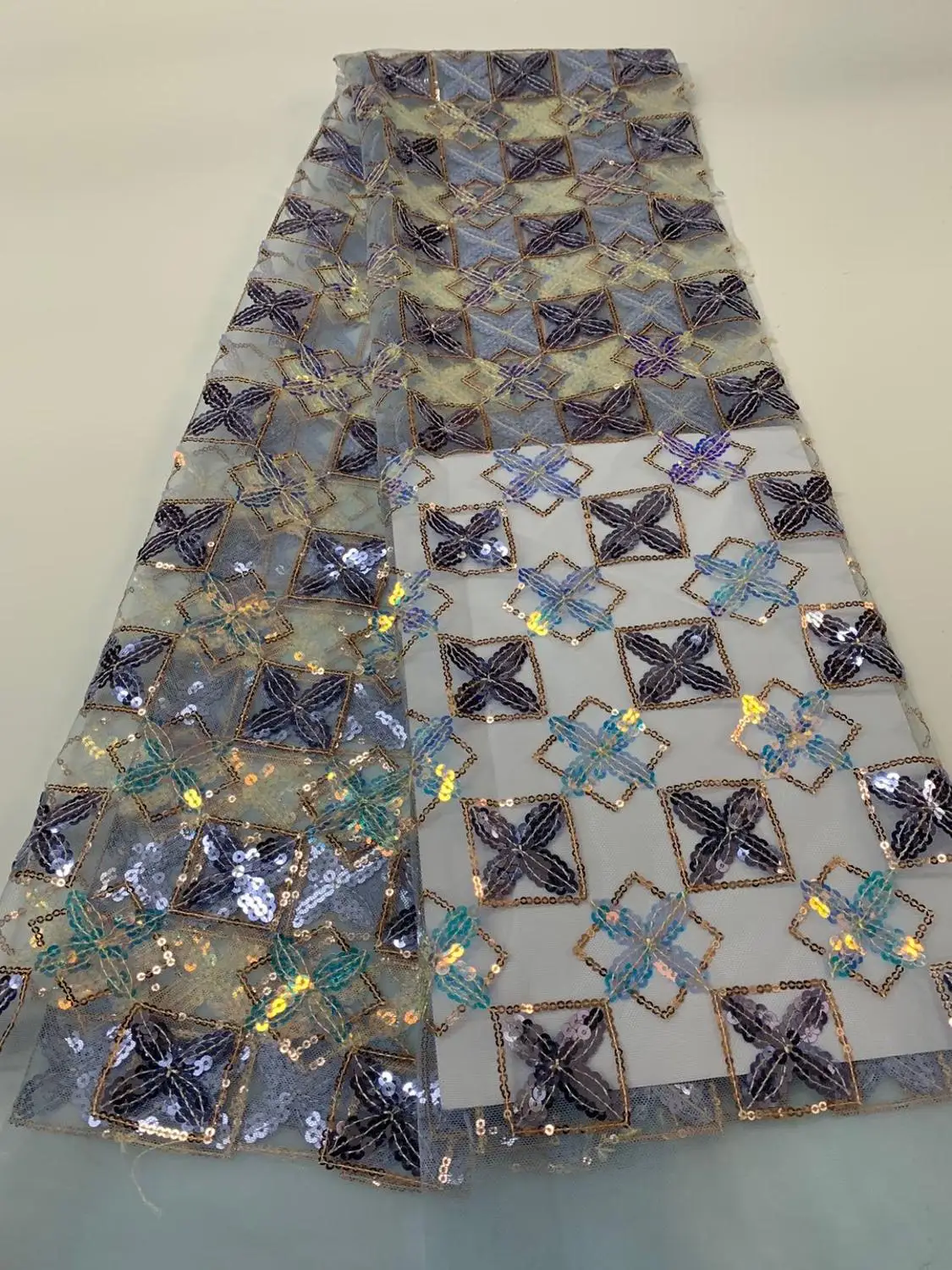 Высокое качество модная Королевская Синяя фатиновая кружевная ткань с блестками