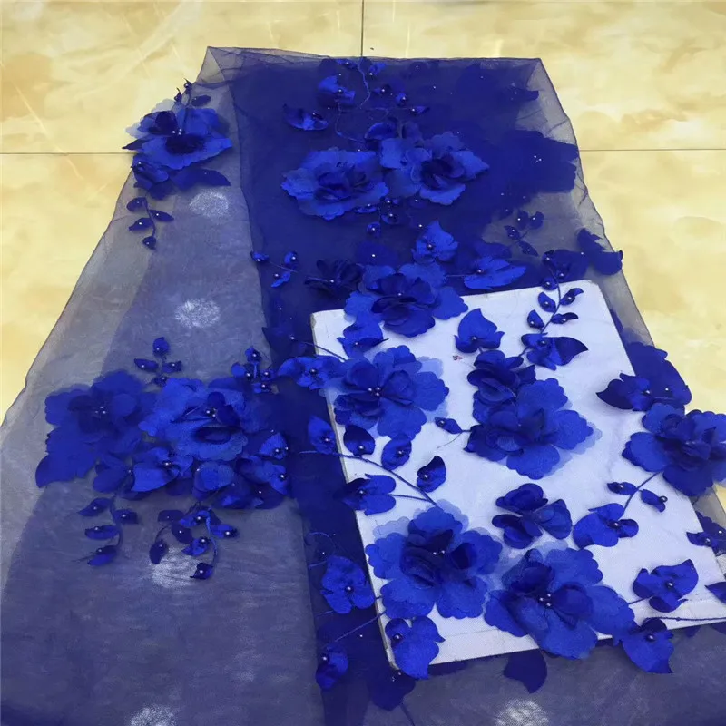 Озеро синий 3D цветок Африканский французский сетчатый бисер кружевная ткань