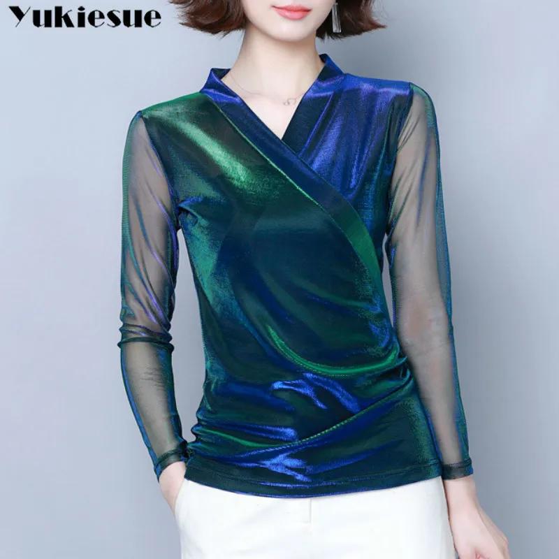 

Женская прозрачная блузка с V-образным вырезом и длинным рукавом