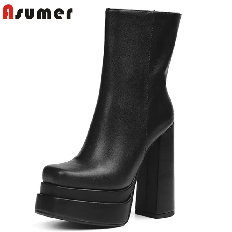 

Asumer Genuine Leather Shoes 2022 Women Boots Square Toe Zip Super High Heels Platform Shoes Autumn Winter Ankle Boots Woman