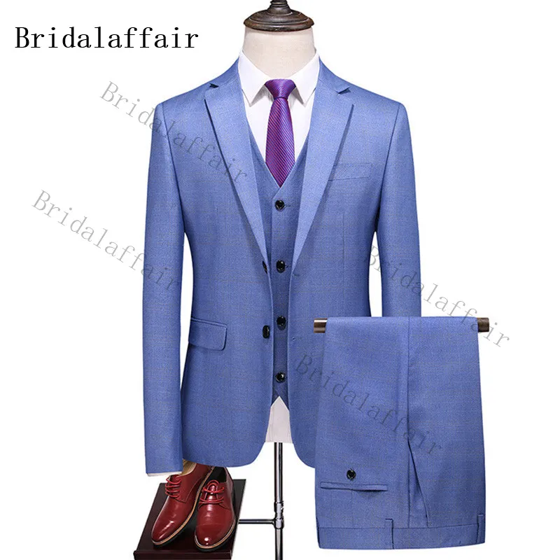 Синий мужской официальный деловой костюм KUSON из трех предметов в клетку для