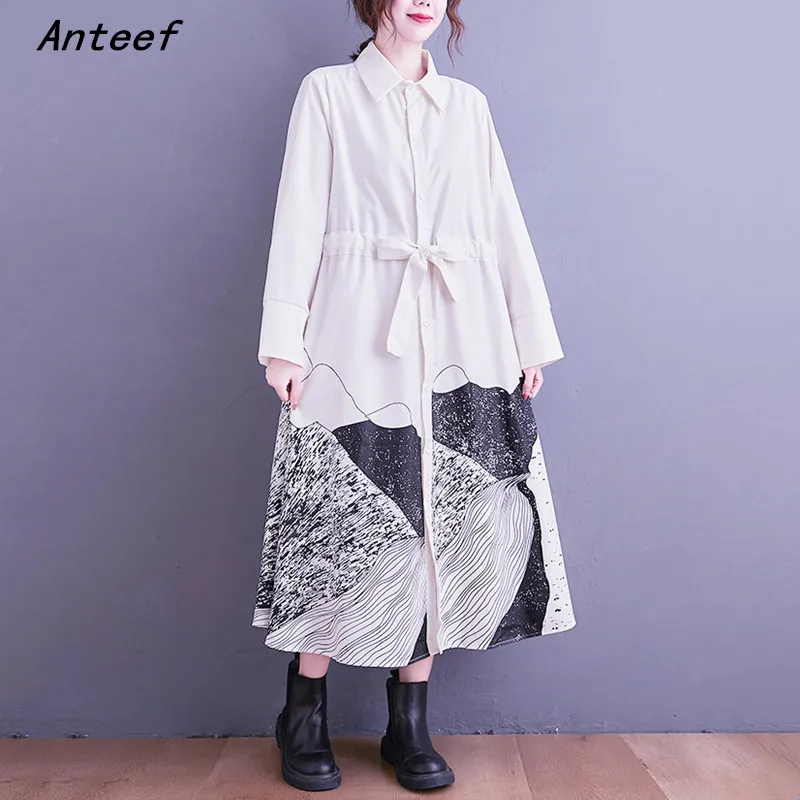 

long sleeve cotton vintage floral dresses for women casual loose autumn spring shirt dress elegant clothing 2021