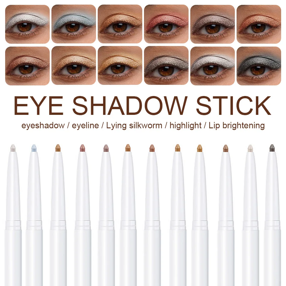 

12 Colors Eyeshadow Stick Waterproof Pearly Luminous Multifunctional Eye Shadow highlight Lying Silkworm Eyeliner Pen Eye Makeup