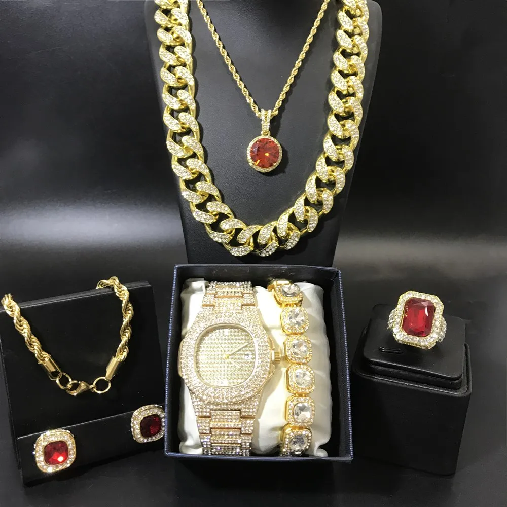 

Luxury Men Watch & Necklace & Braclete & Ring & Earrings Combo Set Ice Out Cuban Jewerly Crystal Miami Necklace Hip Hop For Men