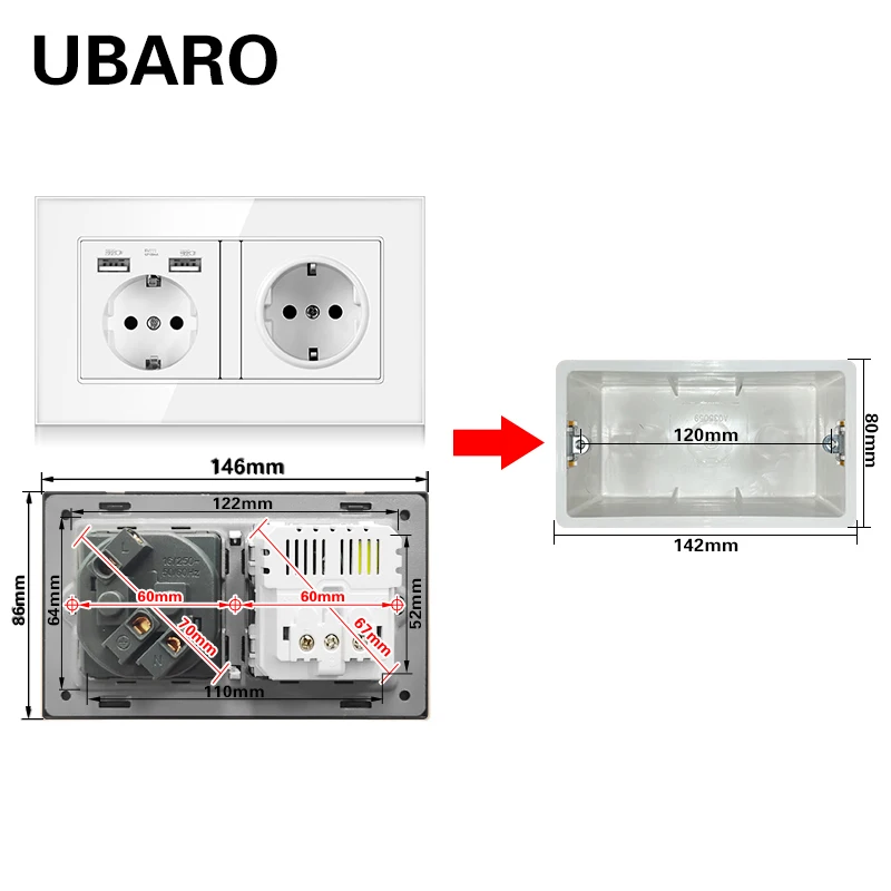 UBARO 146*86 мм немецкая стандартная настенная розетка из хрустального стекла с Usb 5 в 2