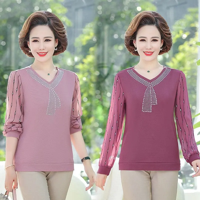 

Women's Spring Autumn Style Blouse Shirt Women's Loose V-Neck Diamonds Long Sleeve Patchwork Korean Casual Tops