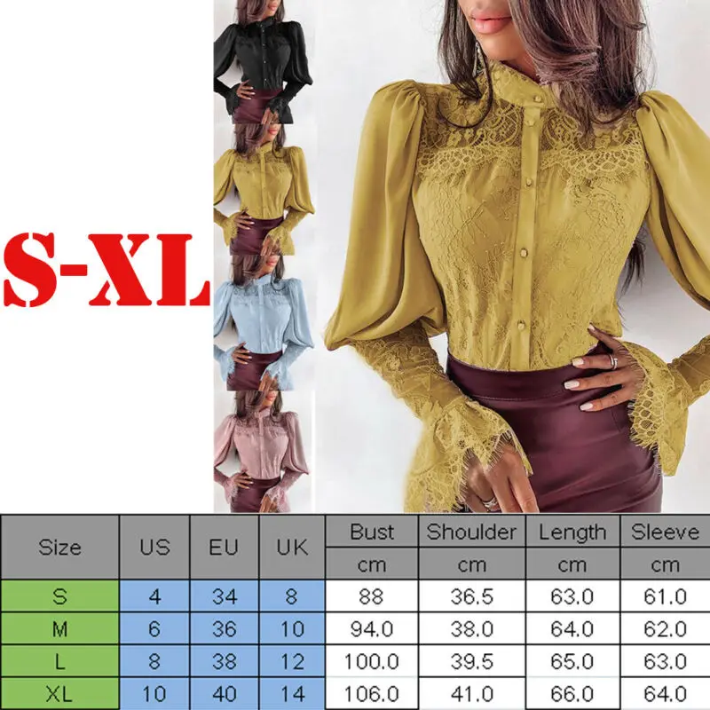 

Meihuida Office Lady Lace Ruffles Puff Long Sleeve Button Down Chiffon Blouse Princess Shirt Elegant Cool Wear