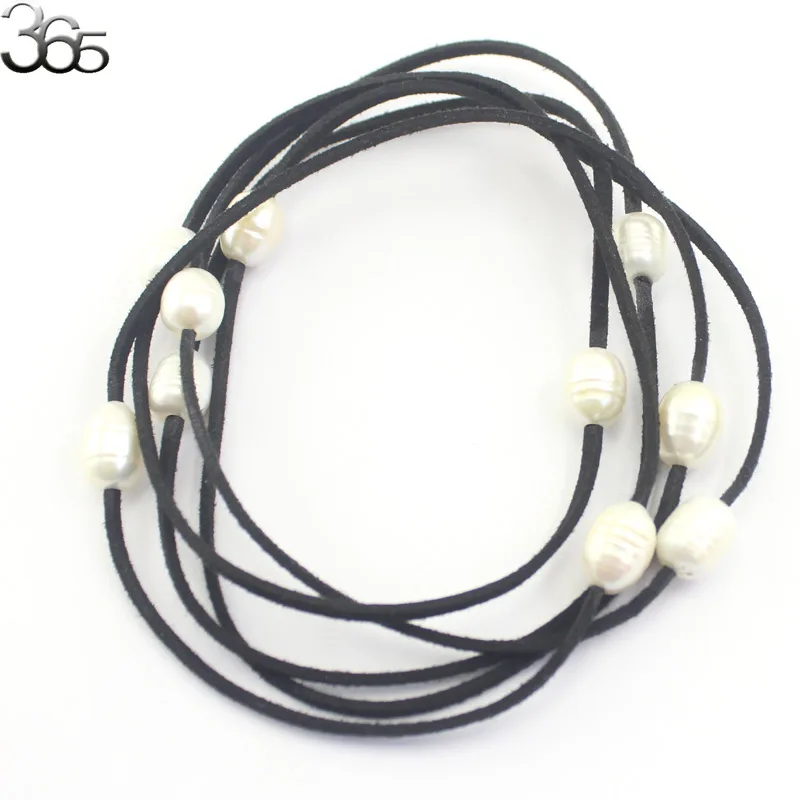 Бусины из натурального жемчуга колье черной кожи с крупным рисовым пресноводным
