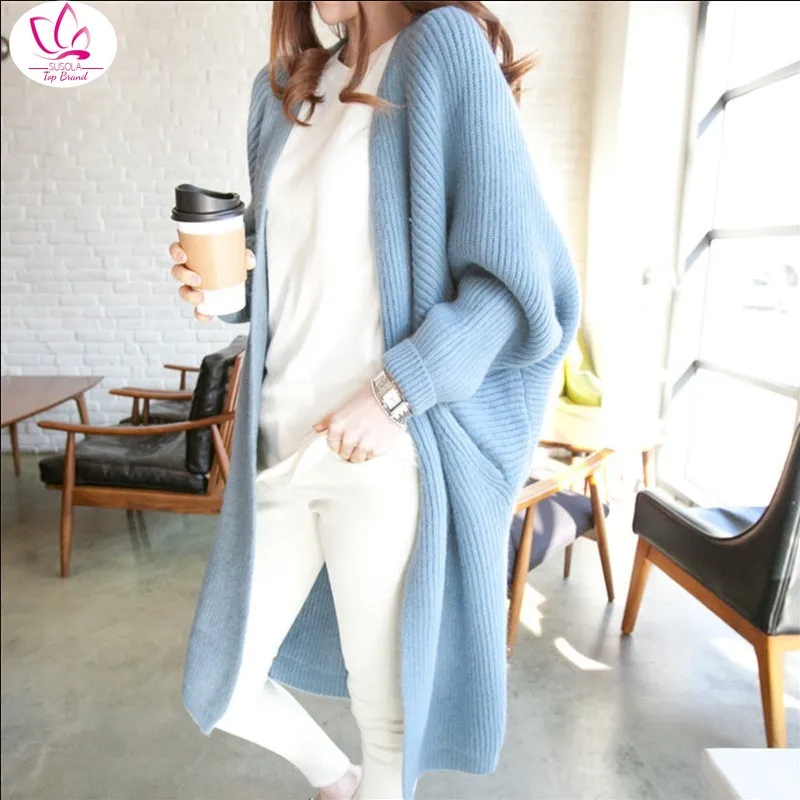 

Женские длинные кардиганы, пальто, свободный свитер, Женская Повседневная осенне-зимняя Толстая вязаная куртка с рукавами «летучая мышь»