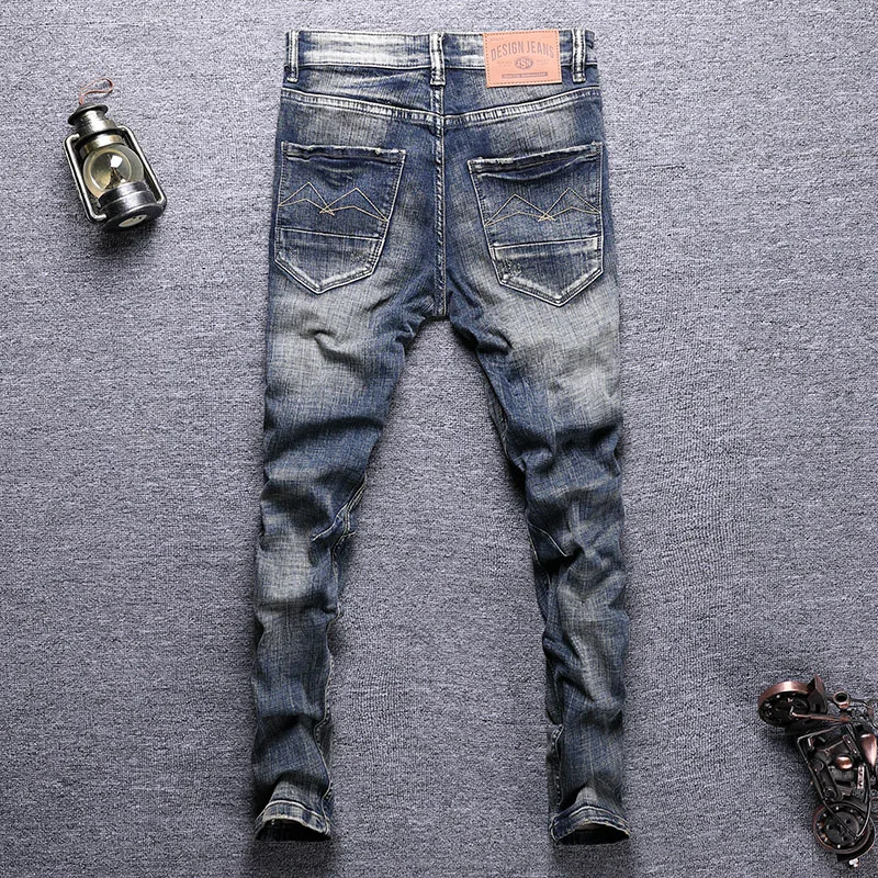 European Vintage Fashion Men Jeans Retro Blue Elastic Slim Ripped Jeans Men High Quality Distressed Designer Casual Denim Pants