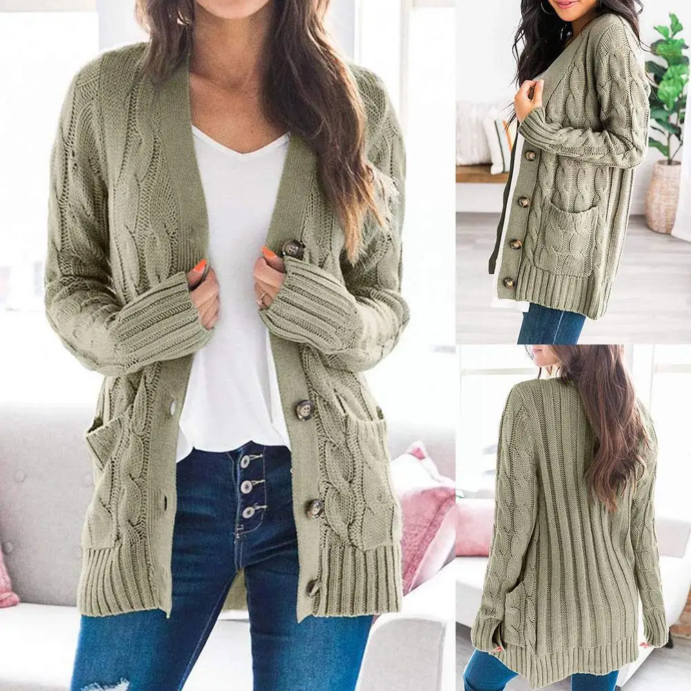 

Новинка 2021, кардиган, пальто, женский свитер с карманами, длинный теплый свитер, Женский вязаный плотный свитер, женский зимний O7V1