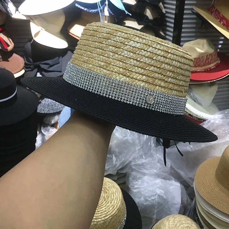 Высокое качество соломенные шляпы для женщин канотье шапки Стразы буквы с