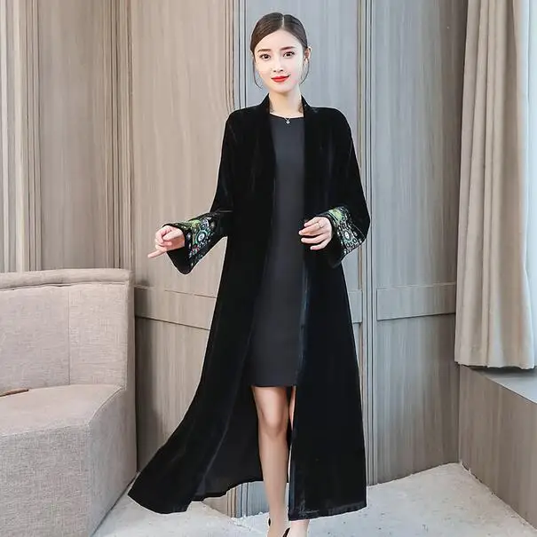 Женское велюровое платье-кардиган винтажное бархатное платье миди с длинным