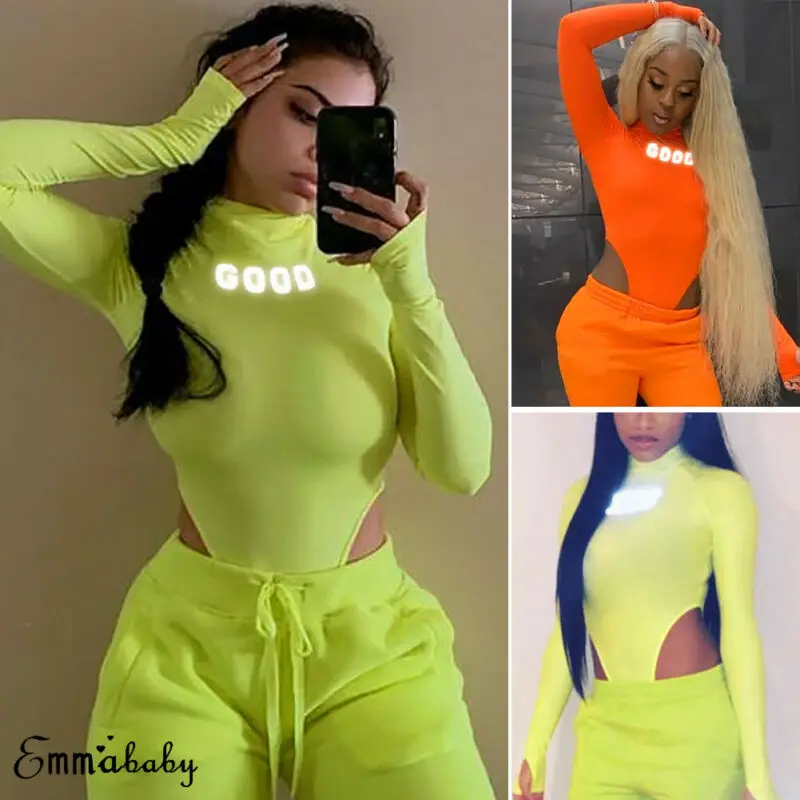 Женское светоотражающее боди с длинным рукавом комбинезон бандажный клубный