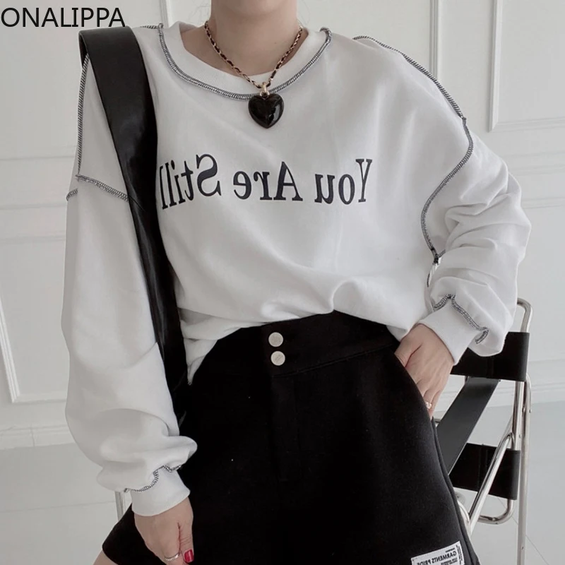 

Женская толстовка ONALIPPA с вышивкой, осень 2021, универсальная Свободная Повседневная Толстовка с круглым вырезом и надписью