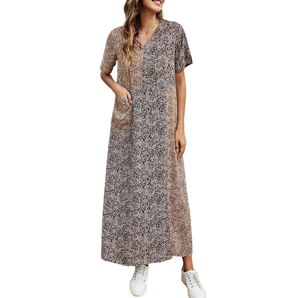 

Женское свободное платье до щиколотки для отдыха, повседневное винтажное платье с коротким рукавом и v-образным вырезом, праздничное платье