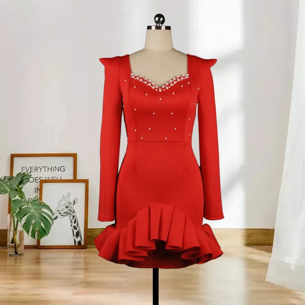 

2021 Spring and Autumn Sexy African Women Red Color Long Sleeve Mini Dress African Clothes African Dresses for Women