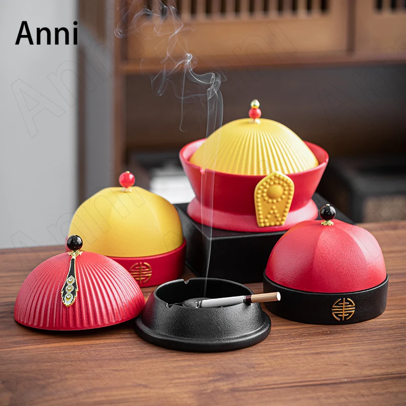 

Creative Painted Ceramic Ashtray Chinese Vintage Official Hat of Qing Dynasty First Grade Official Ashtrays Ornaments Home Decor
