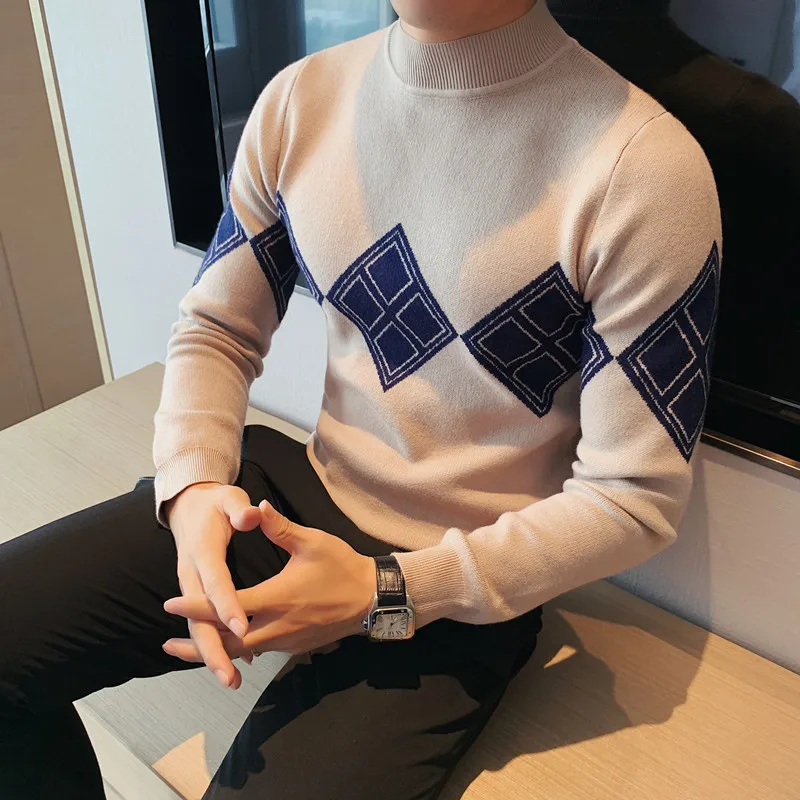 

Plus Size 4XL-M Autumn Winter Fashion Argyle Sweater Men Clothing Simple Turtleneck Slim Fit Casual Long Sleeve Knit Pull Homme