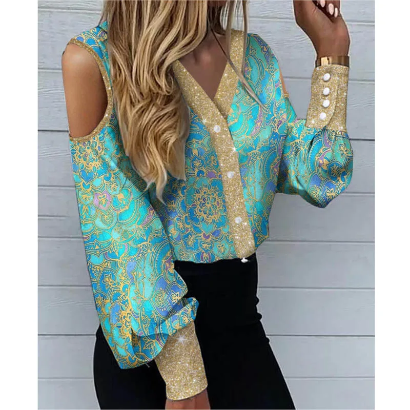 

Lantern Sleeve Women's Blouse Shirt Long Sleeve Spring Print Blouses and Shirts V-Neck Casual Fashion Woman Blouses 2021 Top New