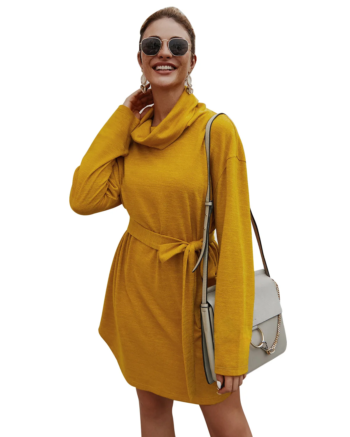 

American Turtleneck Long Sleeve Lady Belt Casual Sweater Dress Girl Dresses Women Fashion Elegant Loose Knitting Cotton Dresses